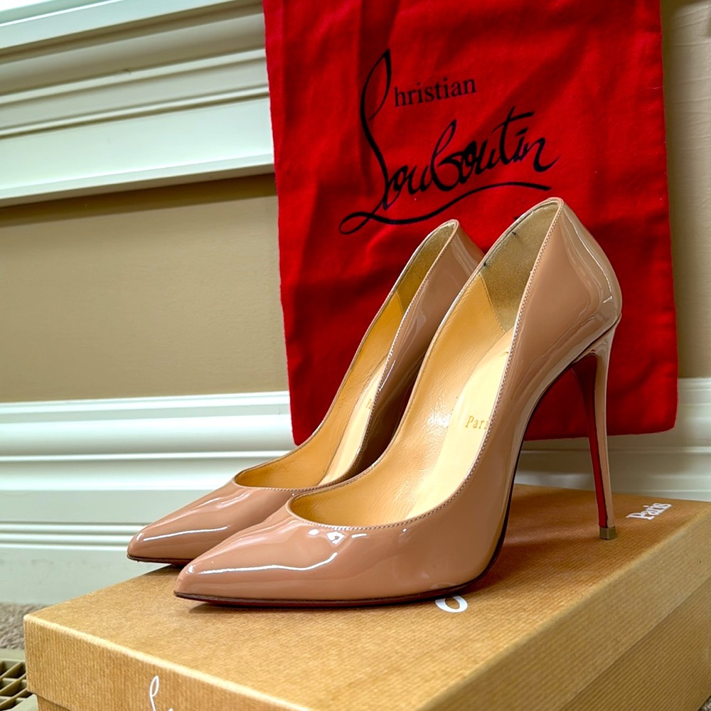 Christian Louboutin Pigalle Follies 100mm Patent Nude Heels, size 37